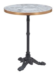 a round marble table with black legs and gold trimmings on the top, against a white background