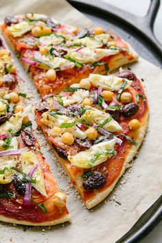 a pizza sitting on top of a pan covered in toppings