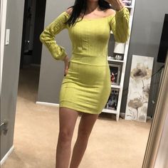 Lime Green Off The Shoulder Midi Dress From Fashion Nova Size Medium. There Is Fabric Where The Butt Part Is So It Is Not See-Through. It Is Knit And Very Soft, Never Worn. Fitted Green Off-shoulder Dresses, Green Off-shoulder Bodycon Dress For Spring, Green Off-shoulder Bodycon Dress, Green Off-shoulder Mini Dress For Brunch, Green Stretch Mini Dress For Brunch, Green Off-shoulder Mini Dress For Day Out, Green Long Sleeve Flirty Dress, Fitted Green Dresses For Brunch, Flirty Green Off-shoulder Dress