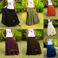 "Special DHL Express Shipping Offer - ONLY $9.50 - RECEIVE YOUR ORDER IN 3 - 5 WORKING DAYS The skirt fits the following women sizes: Size: XS - XXL (please check the measurements first) - Condition: Brand new with tag \" 100% Cotton - Made in Thailand \" - Waist Type: elastic approx. 6.9\" from top (approx. 17cm) - One Size ( Size 0 - 3X ), Waist - UnStretched= 23\" Stretched= 47 \" (elastic approx. 60 up to 120cm) - Total length is approx. 41.3\" (approx. 105cm) - Solid color maxi skirt - Semi White Boho Skirt, Clothes Jewellery, Long Hippie Skirts, Hippie Rock, Flamenco Skirt, Crinkle Skirt, Hippie Skirt, Womens Pleated Skirt, Cotton Maxi Skirts