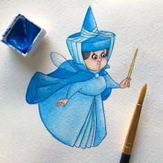 a watercolor drawing of a wizard holding a wand and wearing a blue outfit with a pointed nose