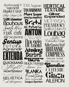 a poster with different types of font and numbers in black ink on white paper,