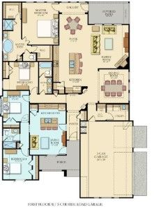 the first floor plan for a home with three bedroom and two bathroom areas, including an attached