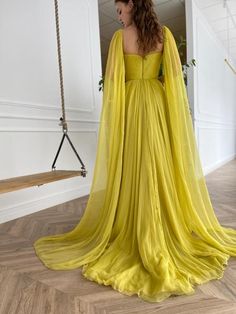 Anna Silky Citrine Gown | Teuta Matoshi Yellow A-line Prom Dress, Yellow Ball Gown For Evening, Elegant Yellow Ball Gown Dress, Elegant Yellow Ball Gown, Elegant Yellow A-line Evening Dress, Yellow Ball Gown For Party, Yellow Gown With Sweep Train For Party, Yellow Party Gown With Sweep Train, Yellow Floor-length Wedding Dress