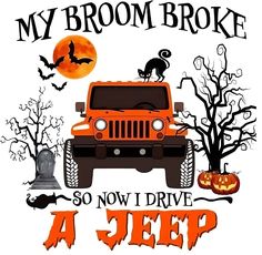 an orange jeep is parked in front of a tree with bats and pumpkins on it