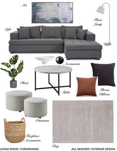 the living room furniture is shown in gray and brown colors, including sofas, pillows,