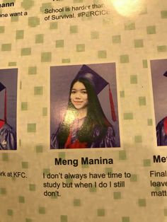 three pictures of people in graduation caps and gowns on a wall with words above them