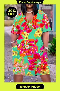 Casual Print Basic V Neck Short Sleeve Short Sleeve Dress Green Mini Dress With Pockets For Spring, Multicolor Short Sleeve V-neck Dress, Multicolor Printed Short Sleeve Cover-up, Suits Clothing, Fashion Tops Blouse, Exclusive Dress, Prom Dress Shopping, Plus Size Lingerie, Urban Dresses