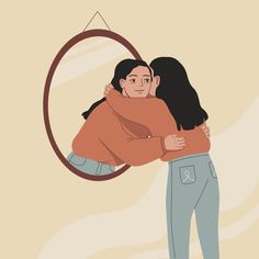 two people hugging each other in front of a mirror with the reflection of them on it