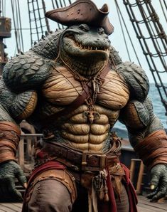 an alligator dressed as a pirate on the deck of a ship with his hands in his pockets