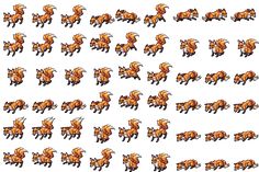 an image of a herd of orange horses running in the same direction, with different angles and sizes