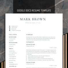 a professional resume template for google docs is displayed on top of a marble background