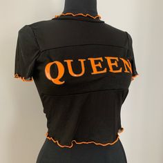 Queen Sheer Crop Top Size Medium Nwt Fitted Orange Tops For Halloween, Fitted Orange Tops With Graphic Print, Metallic Crop Top, Polka Dot Crop Top, Sheer Crop Top, Black Halter Top, Graphic Crop Top, Red Crop Top, Ruffle Crop Top