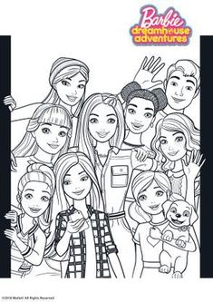 barbie and friends coloring page with the words barbie's dreamhouse adventures on it