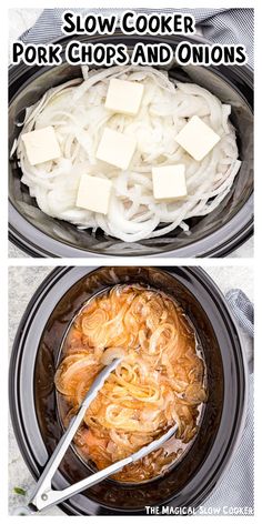 slow cooker pork chops and onions in the crock pot with text overlay