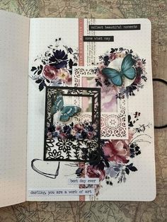 an open notebook with flowers and butterflies on it