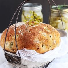 a loaf of bread sitting on top of a basket