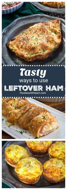 some food that is sitting on top of a pan with the words tasty ways to use leftover ham