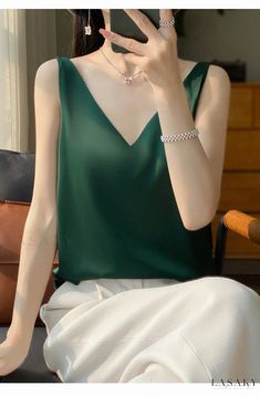 Lasaky - Silk Camisole Innerwear, Satin Camisole with Thin Straps and Pure Color Silk Collar Satin Camisole, Silk Camisole, Cheongsam, Pure Color, Olivia Mark, Dark Green, Shoulder Strap, Satin, Silk