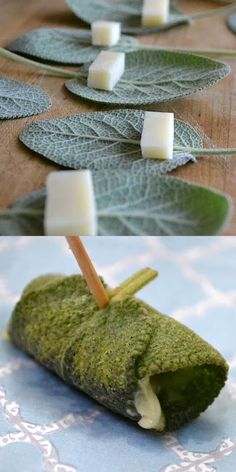 there are several pieces of food made from leaves and marshmallows on the table