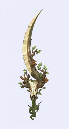 an animal skull with horns and vines on it's head is shown in the shape of a crescent