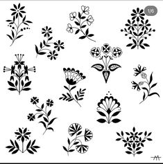 various flowers and leaves are shown in black on white