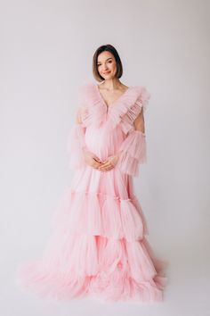 "💖 Luxurious Pink Tulle Maternity Dress - the perfect choice for a spring wedding or maternity photoshoot. This Pink Wedding Dress features a beautiful full-length design with an abundance of ruffles and layers, creating a truly charming and feminine look. Rose Unique Bridal Dress, Full Length Dress Pink, Tulle Long Sleeve Dress, Pregnancy Photoshoot Dress, Renaissance dress - all about our beautiful, universal dress that will fit any event, this White Dress made with love special for you!   💖 Tulle Dress With Ruffles For Bridal Shower, Pink Ruffled Maternity Dress, Elegant Maternity Dress With Tulle Skirt, Feminine Pink Maxi Dress For Maternity Wear, Feminine Maternity Dress In Pink, Pink Maternity Dress With Ruffles, Elegant Pink Tulle Maternity Dress, Feminine Ruffled Maternity Dress, Pink Tulle Maternity Dress For Wedding