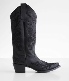 Circle G By Corral Filigree Leather Western Boot - Black US 10, Women's Ldblack Embroidered leather cowboy boot 12 1/2 shaft snip toe 15 calf circumference 2 heel Lightly cushioned insole. Due to the nature of leather/suede, small variances of color in the skin may occur, this is in no way considered a defect. These are inherent characteristics of leather/suede and will enhance the individual look of your garment.. Genuine leather. Boot Care: Wiping down the leather uppers after each wear will k Black Round Toe Boots For Western-themed Events, Black Western Boots With Leather Sole, Black Western Boots With Reinforced Heel, Black Cowgirl Boots Boot Barn, Black Corral Boots Womens, Black Cowgirl Boots, Black Cowboy Boots, Leather Western Boots, Embroidered Leather