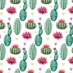 watercolor cactus and hearts pattern on white background with green, pink and red cacti