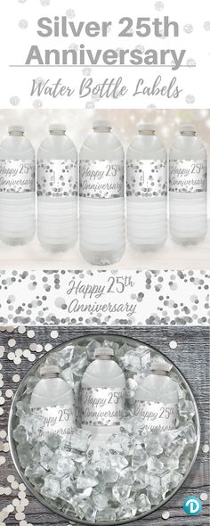 silver 25th anniversary water bottle labels with confetti on the bottom and in the middle