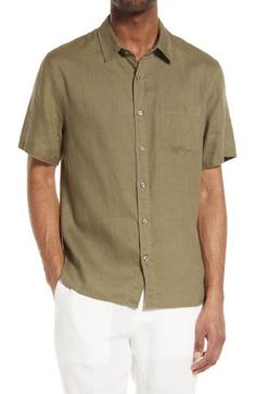 Lightweight, breathable linen brings easy-to-wear comfort to a classic-fit shirt detailed with a nifty chest patch pocket. 28 1/2" length (size Medium) Spread collar 100% linen Dry clean or machine wash, line dry Imported Classic Linen Shirt With Pockets, Classic Solid Linen Shirt, Classic Beach Shirt With Pockets, Collared Linen Shirt In Flax Color, Casual Linen Shirt With Button Closure, Linen Shirt With Pockets And Spread Collar, Collared Flax Linen Shirt, Unstructured Beach Shirt With Pockets, Unstructured Solid Linen Shirt