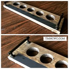 two pictures of the same metal object on top of a wooden table, one with holes in it