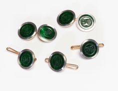 Antique Chinese Jade Gold Platinum Cufflink Stud Set Classic Green Cufflinks For Formal Occasions, Designer Green Jewelry For Formal Occasions, Antique Cufflinks For Business, Antique Cufflinks With Polished Finish, Antique Cufflinks With Polished Finish For Business, Designer Polished Round Cufflinks, Designer Round Cufflinks With Polished Finish, Antique Business Cufflinks With Polished Finish, Engraved Cuff Jewelry For Business