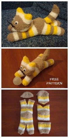 three pictures showing how to make stuffed animals with different colors and sizes, including one cat