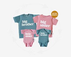 "BROTHER AND SISTER SHIRT/BODYSUIT: Celebrate your growing family with H+A's adorable sibling t-shirts! Perfect for sibling announcements, photos, and makes a great gift. Each sold separately. Heather blue tee/bodysuit and/or mauve tee/bodysuit with white vinyl font.  HOW TO ORDER: * Select A Finish * Select A Color + Size - size chart in image gallery * Select Your Quantity * Add to Cart (\"buy now\" will take you directly to checkout | \"add to cart\" will allow you to continue shopping) (some Pink Family Matching Sets With Short Sleeves, Pink Short Sleeve Family Matching Sets, Customizable Blue Tops For Family Occasions, Family Matching Long Sleeve Tops For Gender Reveal, Pink Family Matching Shirt For Gender Reveal, Blue Family Matching Shirts, Customizable Family Matching Tops For Gender Reveal, Family Matching Pink Tops For Gender Reveal, Pink Family Matching Tops For Gender Reveal