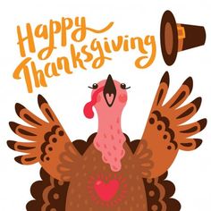 a happy thanksgiving card with a turkey holding a megaphone and the words happy thanksgiving