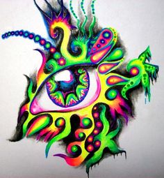 an artistic drawing of a dragon with bright colors on it's face and eyes