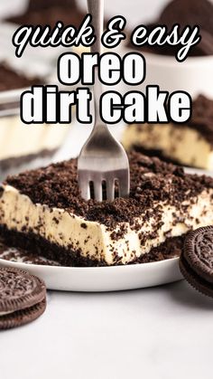 an oreo dirt cake on a plate with oreos around it and the title overlay reads quick & easy oreo dirt cake