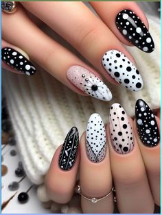 On the search for winter nail ideas and want to know the hottest winter nails 2024 trends? You’ll love this list of stylish nails with a simple aesthetic and chic designs/colors that are on-trend for the new year! Black And White Nail Patterns, Polka Dots Nails Design, Black And White Dot Nails, Black And White Nail, Black And White Nail Designs, Polka Dot Nail Designs, Yellow Nails Design, Popular Nail Art, Sleep Token