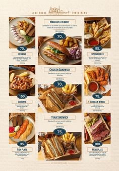 a menu with different types of sandwiches and other food items on the table, along with prices for each item