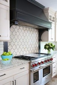 a bowl of fruit sits on the stove top in this white kitchen with black and gray backsplash