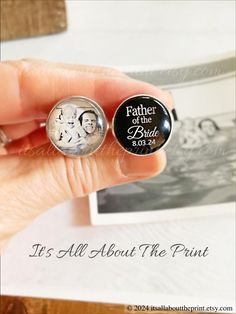 Your personal photograph on one cufflink and "Father Of The Bride" with your wedding date on the other cufflink.  The perfect personalized gift for the special man in your life! How to order- 4 STEPS: 1. From the drop down menu, choose your cufflink size & color.  2. Choose if you want to add your wedding date and photo or if you want to have your own quote and photo. 3. Enter your personalized information. 4. After you purchase your cufflinks, send your photo to me by using Etsy's conversation Father Of The Bride Cufflinks, Personalized Cufflinks Wedding, Wedding Gift For Daughter, Wedding Cuff Links, Wedding Gifts For Parents, Groom Cufflinks, Wedding Cuff, Custom Cufflinks, Parents Wedding