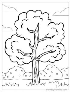 a coloring page with a tree and clouds in the background