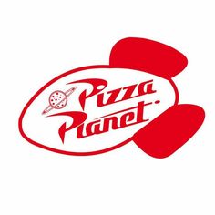 the pizza planet logo is red and white