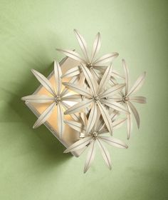 an overhead view of a candle holder made out of white paper and starbursts