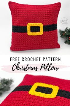 a crocheted pillow with a santa hat on it and the text christmas pillow free crochet pattern