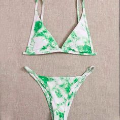 Never Worn! Still Has Protective Sticker On Bottoms White Seamless Swimwear For Summer, Trendy White Triangle Top Swimwear, Trendy White Swimwear For Spring, Trendy White Seamless Swimwear, Womens Swim, Tie Dye, Swimming, Dye, Green