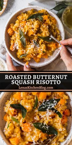 two bowls of roasted butternut squash risotto with spinach and parmesan cheese