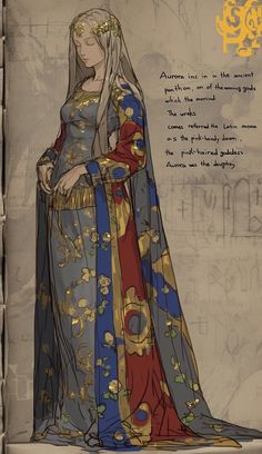 a drawing of a woman wearing a blue and red dress with gold trimmings