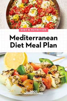 the mediterranean diet meal plan is shown on a plate with lemon wedges and tomatoes